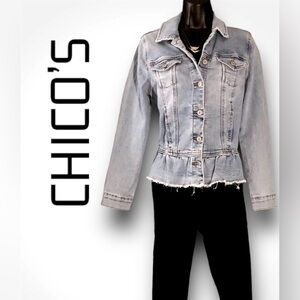 : : CHICO’S Peplum Denim Jacket w/ Ruffle Trim : :